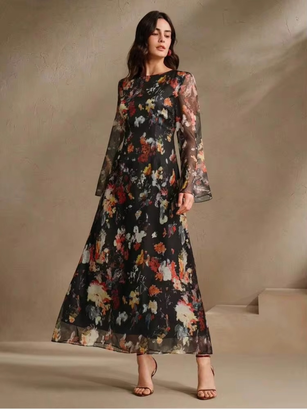 Anewsta Women's black Floral Print Long Sleeve midi Dress sheer